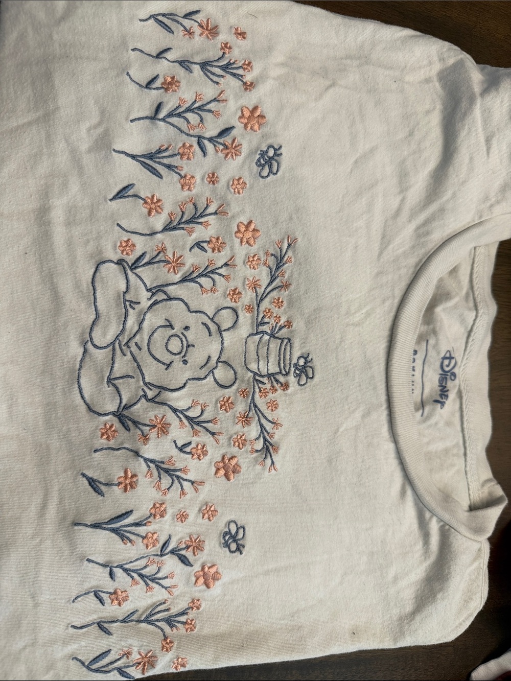 Disney White Short Sleeve Tee with Blue and Pink Pooh Embroidery